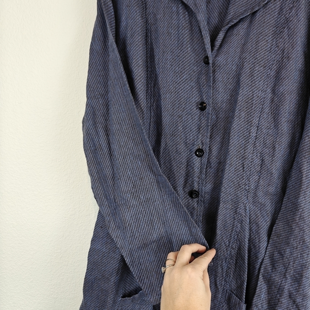 FLAX Jeanne Engelhart VTG 100% Linen Long Sleeve Jacket Pockets Blue Button M - Picture 4 of 13
